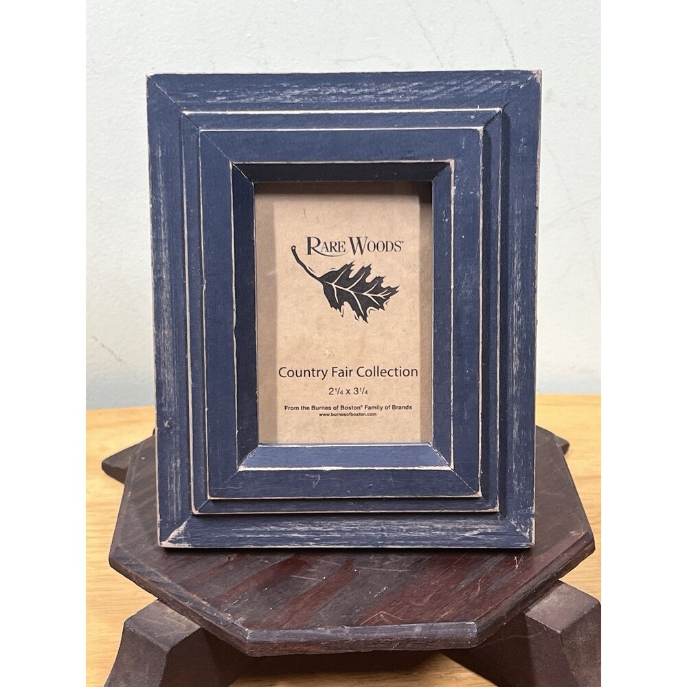 Rare Woods Country Fair Collection Distressed Blue Wood Picture Frame 2.25x3.25"